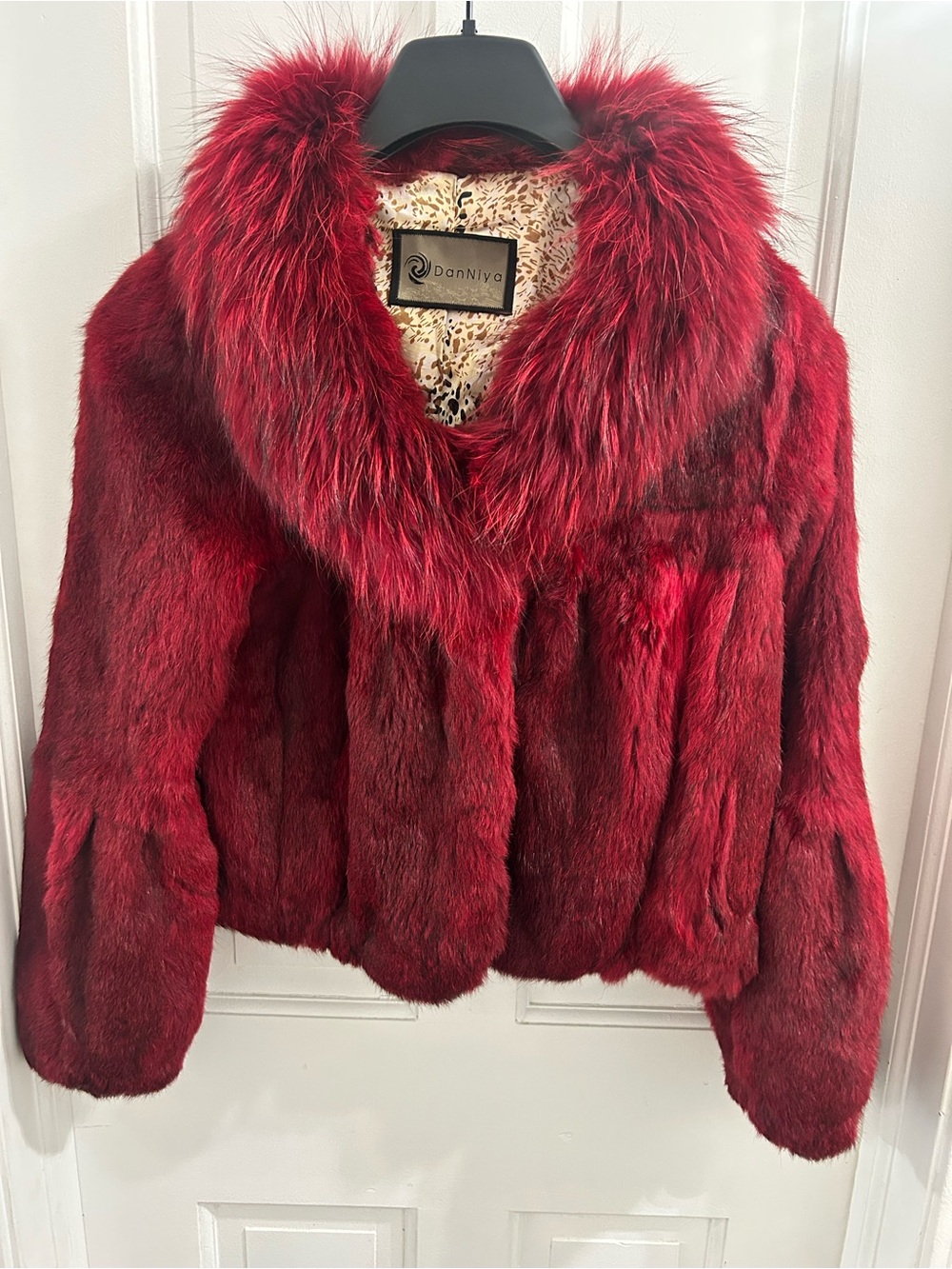 Red Rabbit Fur Jacket Genuine Fox Fur Collar Burgundy Y2K Coat